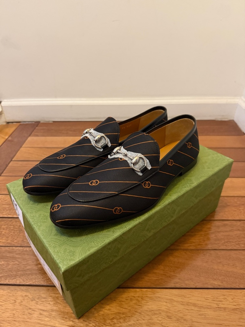 NIB Men’s Gucci Jordaan Horsebit Loafers Striped Orange 9.5